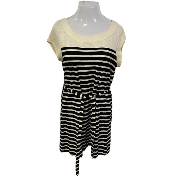 Merona Dress Womens Medium Stripe Belted Coastal Preppy Nautical Black Cream - Picture 7 of 15